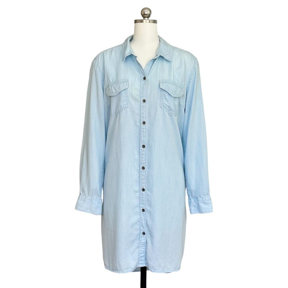 Beach Lunch Lounge Shirt Dress Womens XL Light Blue Chambray Button Front Knee